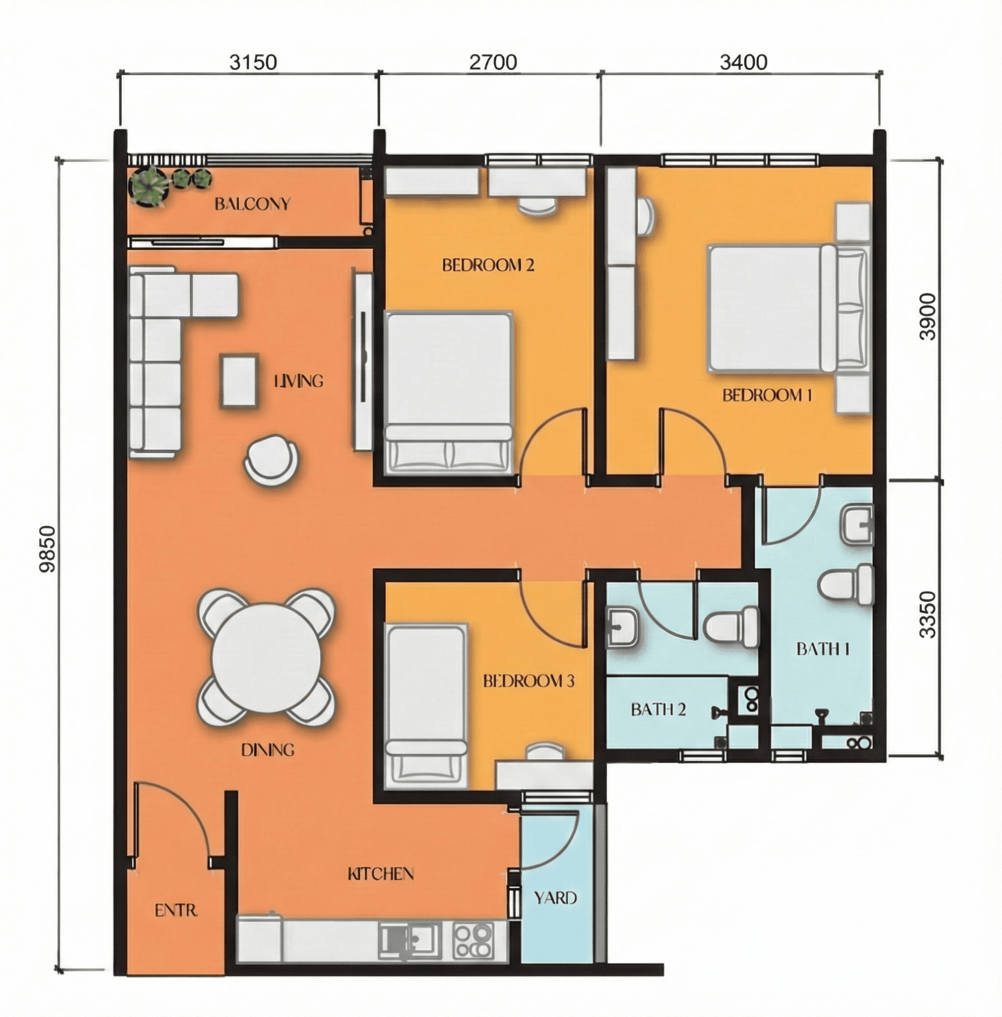 Paragon Maplewood Johor Bahru 3 bedroom floor plan Type B 886 sqft layout